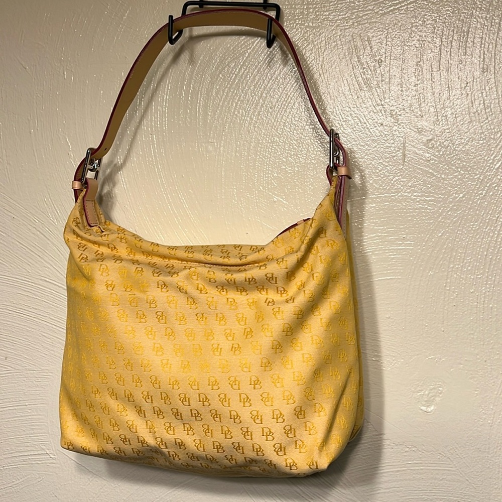 Dooney & Bourke Yellow DB Canvas Shoulder Bag with Vachetta Leather Strap - EUC
